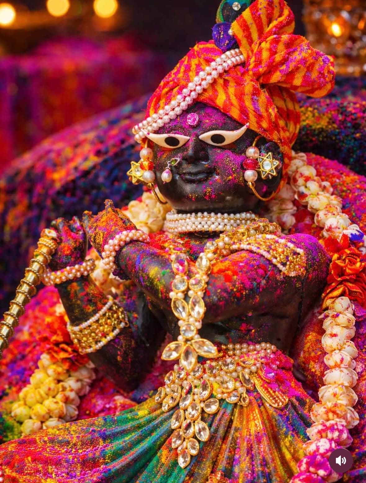 A crowd covered in pink and yellow powder at Banke Bihari temple, Vrindavan
