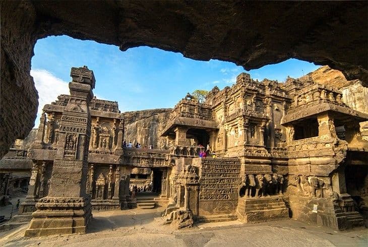 The grand Kailasa Temple carved from a single rock at Ellora