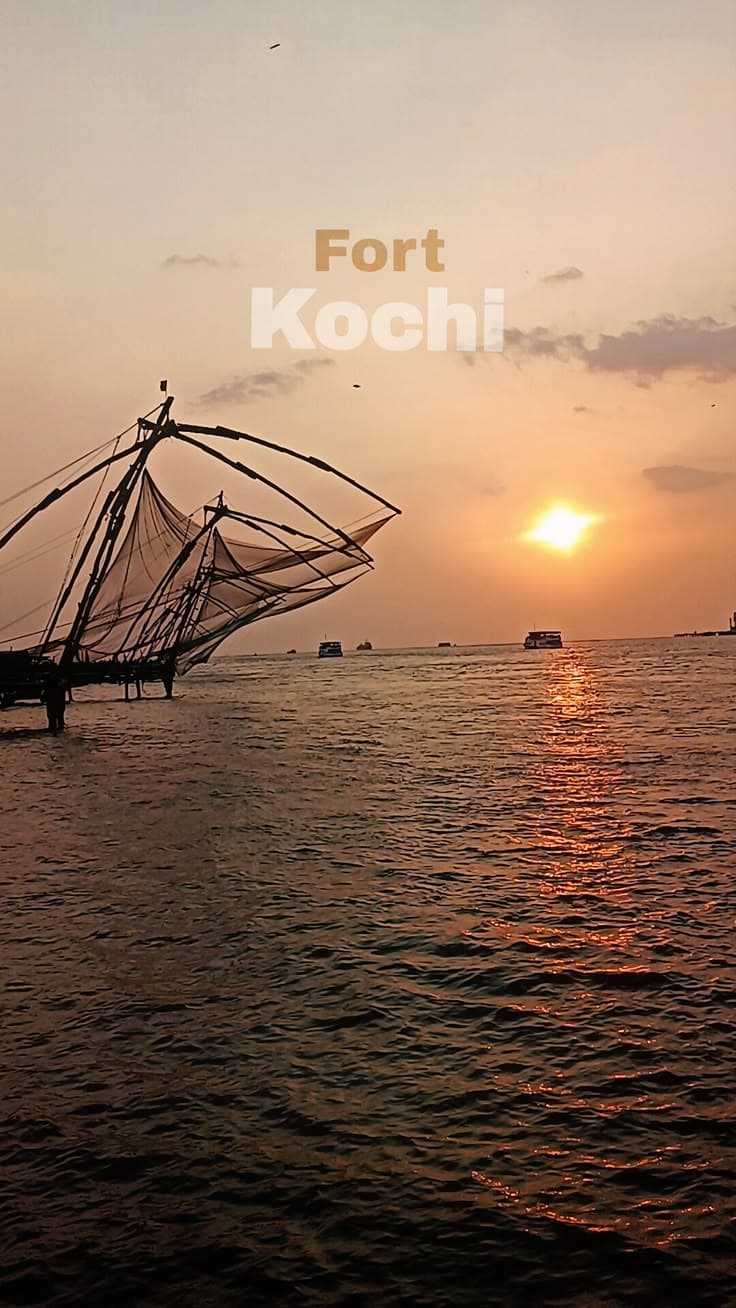Chinese fishing nets at sunset in Fort Kochi