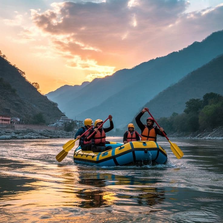 Ram Jhula suspension bridge over the Ganga at sunset, Rishikesh